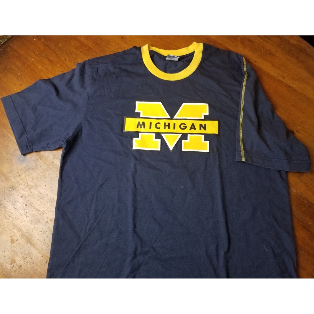 Michigan Wolverines US College Football T Shirt Mens Size L Blue Yellow NCAA Tee